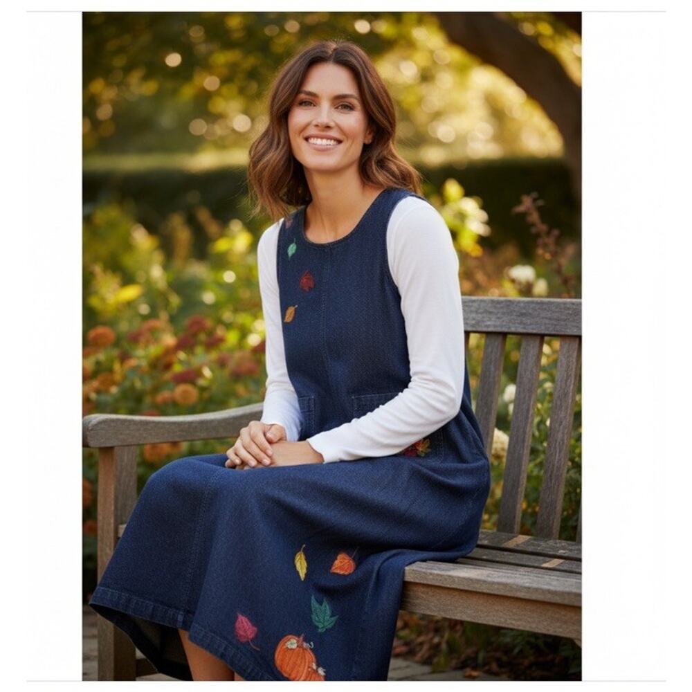 VTG Denim Jumper midi dress Pumpkin Fall Harvest print Size M Thanksgiving 90's